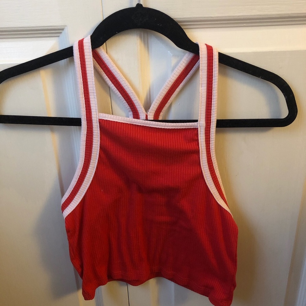 Cropped red and white halter tank top